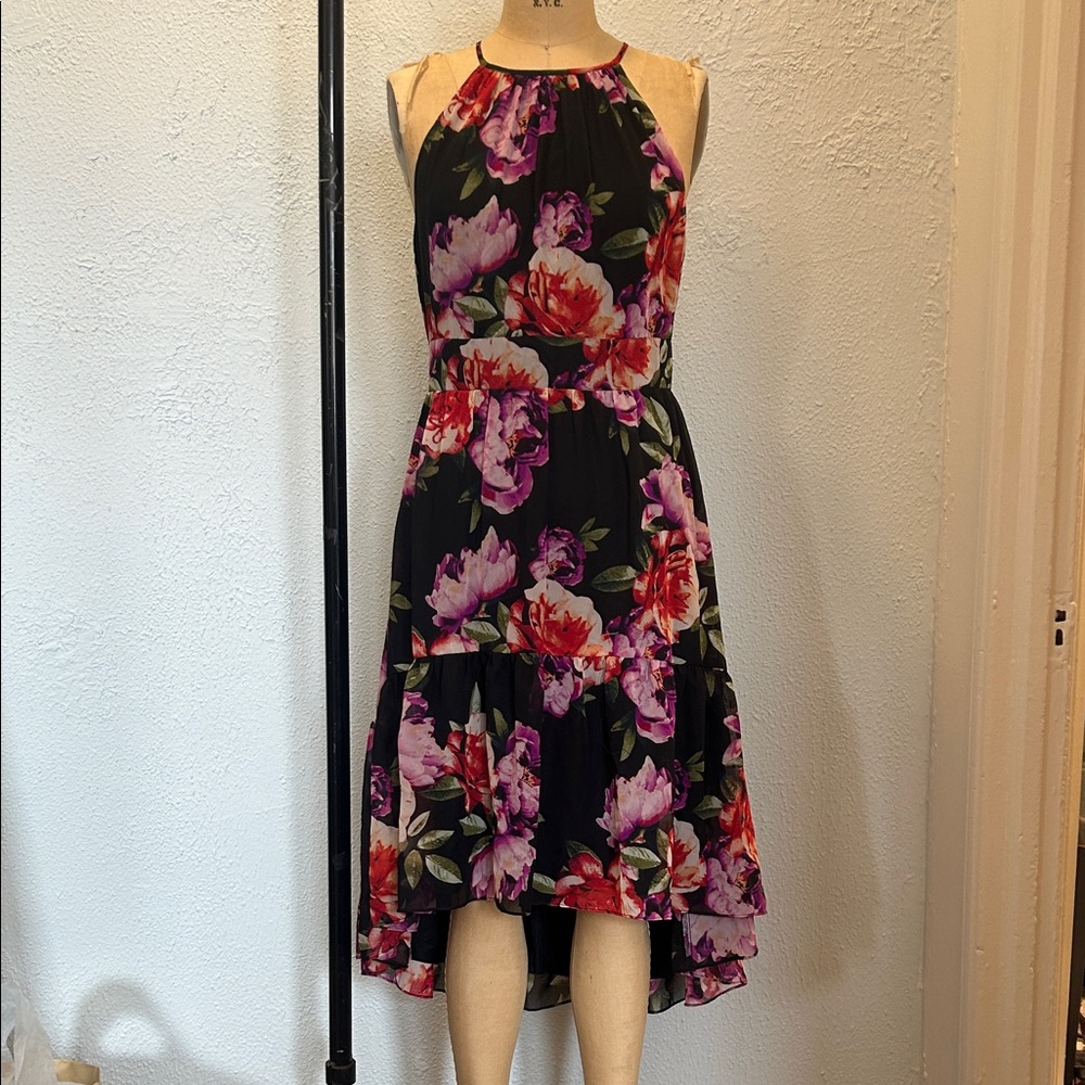 Eliza J Black Halter High-Low Dress with Pink & Red Floral Print